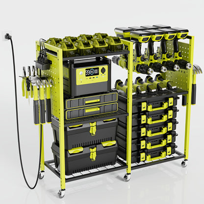 Geawokyie Power Tool Organizer Featuring a Charging Station, a Mobile Tool Cart Equipped with 12 Drill Holders, 5 Storage Shelves, And a Utility Rack Toolbox That Includes a Battery Charging Power Strip, Suitable for Garages, Workshops, And More