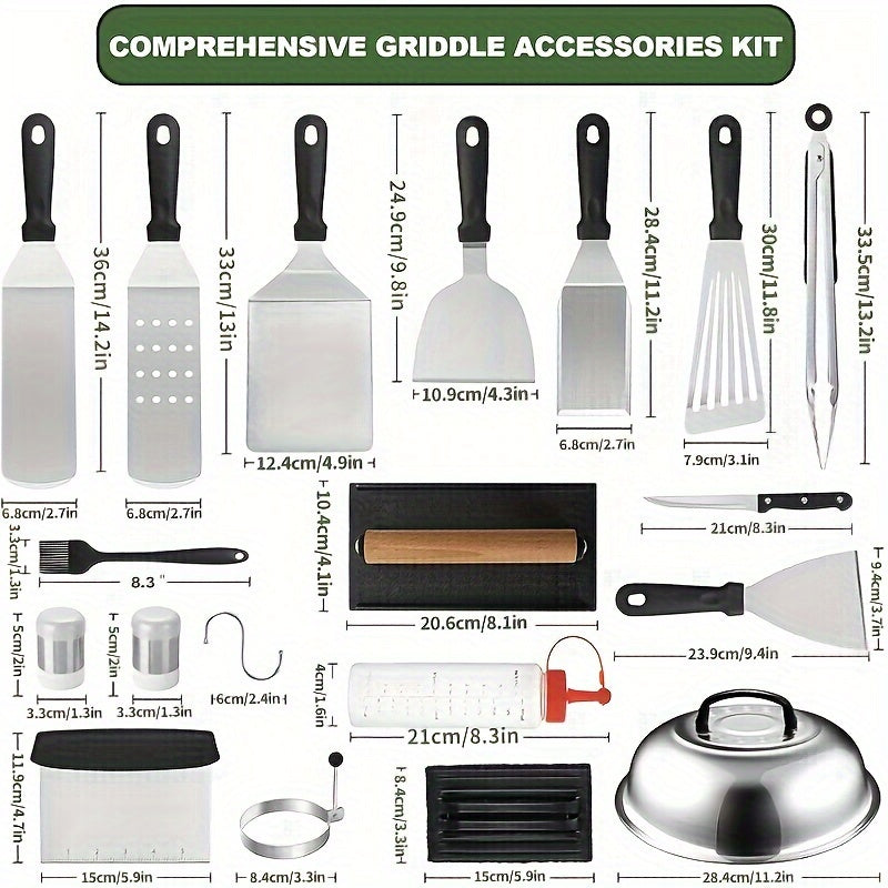 34PCS Griddle Accessories Kit, Flat Top Grill Accessories Set, Grill Spatula Set With Enlarged Spatulas, Basting Cover, Scraper For Outdoor Barbecue