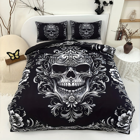 3pcs Black And White Skull Design Victoria Baroque Gothic Duvet Cover Set (1 Duvet Cover + 2 Pillowcases Without Pillow Insert), Halloween Collection, High Definition Numeric Print for Queen And King Size in Home Dormitory