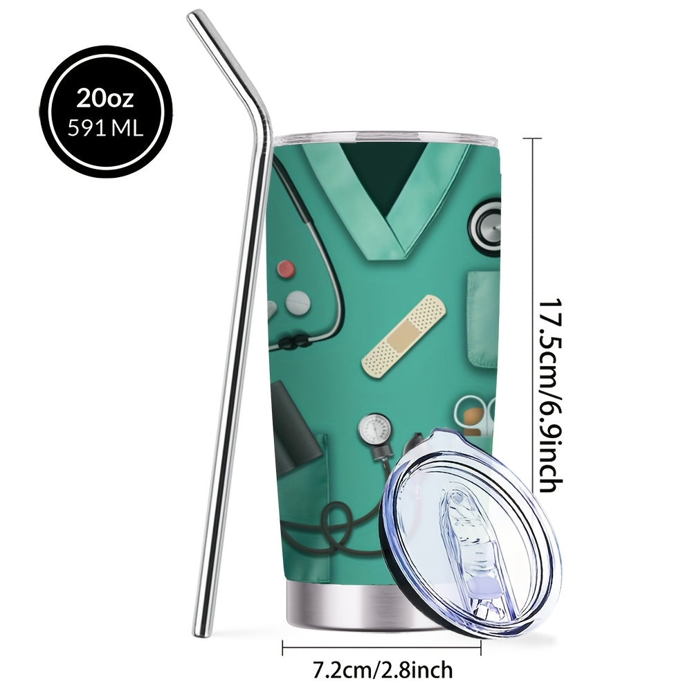 A Coffee Mug Featuring a Nurse'S Medical Kit Design, a 20-Ounce Stainless Steel Insulated Cup with a Lid And Straw, Suitable for Beverages And Kitchen Storage, Perfect for Travel, Summer Hydration