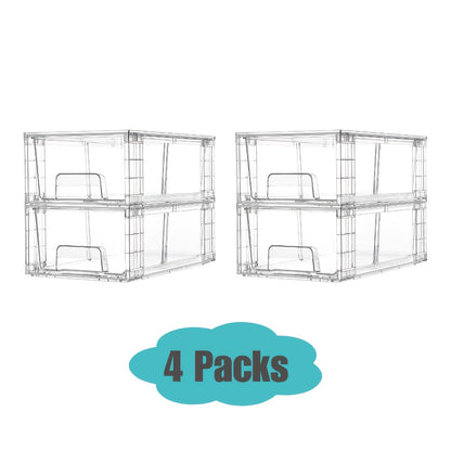 Clear Acrylic Storage Drawers with Handles - Stackable Refrigerator and Pantry Organizer Bins for Snacks Fruits and Vegetables, Food Safe Pull-Out Drawer Bins for Fridge Kitchen Cabinet Under Sink and Bathroom, Available in 4, 6, 8 or 10 Pack
