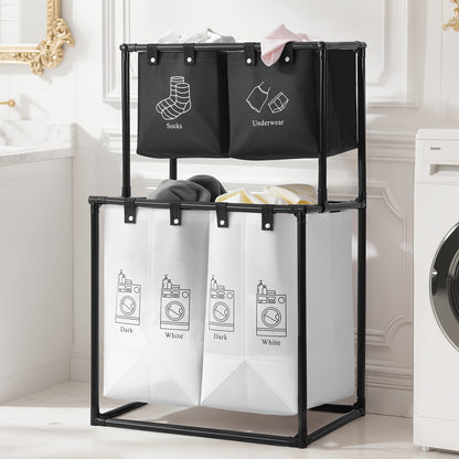 Double Laundry Basket with Removable Bins (No Wheels) - Collapsible 2-Tier Laundry Sorter - Oxford Fabric & Frame - Clothes Hamper for Kids, Adults, Travel, Add 10 Cable Ties for Securing