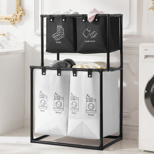 Double Laundry Basket with Removable Bins (No Wheels) - Collapsible 2-Tier Laundry Sorter - Oxford Fabric & Frame - Clothes Hamper for Kids, Adults, Travel, Add 10 Cable Ties for Securing