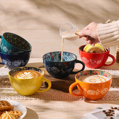 TAUFIKT 6pcs Bohemian Ceramic Breakfast Mug - 15oz Large Capacity, Microwave Safe for Hot Drinks & Cold Beverages, Perfect Gift for Halloween, Thanksgiving, Christmas