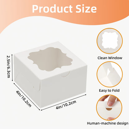 Treat Boxes 150pcs with Window | 4x4x2.5 Inch White Bakery Boxes | 3 Style Clear Window Gift Boxes for Dessert, Chocolate, Strawberries, Donuts, Cookies | Birthday Party, Wedding, Father's Day Packaging