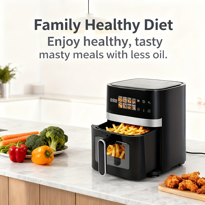 This 5-Quart Air Fryer Is an 8-In-1 Electric Hot Air Oven Equipped with an LED Touchscreen, Ensuring Even Heating of Food with a Power of 1350W. It Boasts a Large Capacity And Features 360° Hot Air Circulation Along with a Clear Touchscreen