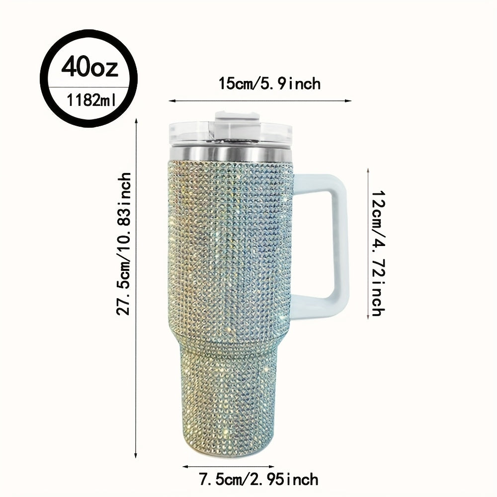 Single 40 Oz Tumbler Featuring a Handle And Straw Lid, Adorned with Studded Bling Diamonds, Made of Stainless Steel for Insulation, Designed As a Double Wall Travel Mug That Fits in Car Cup Holders, Perfect for Women