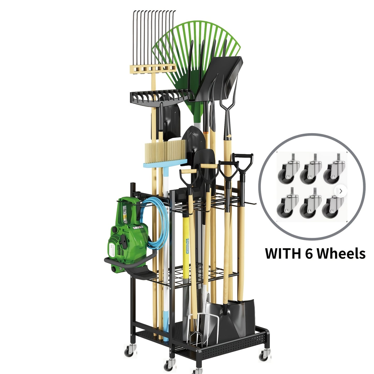 Garden Tool Organizer for Garage – Metal Yard Tool Storage Rack with Hooks & Wheels for Long-Handled Tools, Broom, Shovel, Rake, Mop – Heavy Duty Freestanding Tool Stand Holder, Black