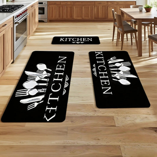 3pcs Kitchen Alphabet Theme Mat Set, Knife And Fork Pattern, Musthave for Home, Non Slip, Soft, Easy to Clean, Suitable for Bedrooms, Living And Dining Room, Kitchen, Bathroom, Gift for Friend And Family, Kitchen Accessories, Father's Day Gift
