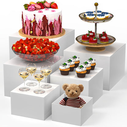 Buffet Risers Display Stand 6pcs - White Acrylic Food Risers for Buffet Table Party Catering Wedding Dessert Display Jewelry Collectibles Nesting Boxes Shelf Organizer