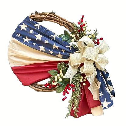 Patriotic 4th Of July Door Wreath - Red, White And Blue American Flag Wreath with Burlap Bow for Independence Day, Memorial Day And Patriotic Home, Office Or Porch Decorations, Celebration Wreaths | Holiday Wreaths | Artificial Wreaths
