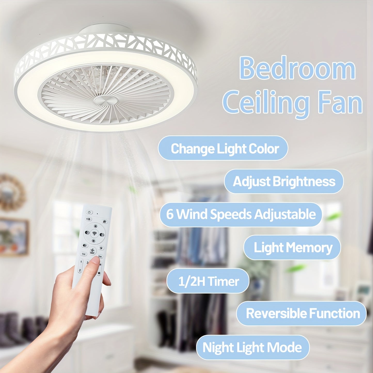 Flush Mount Ceiling Fan with Light and Remote, 19 Inch Low Profile Ceiling Fan with LED Light Kit, 6 Wind Speeds Reversible Motor, Remote Control Included, for Bedroom Kids Room Living Room, White Black