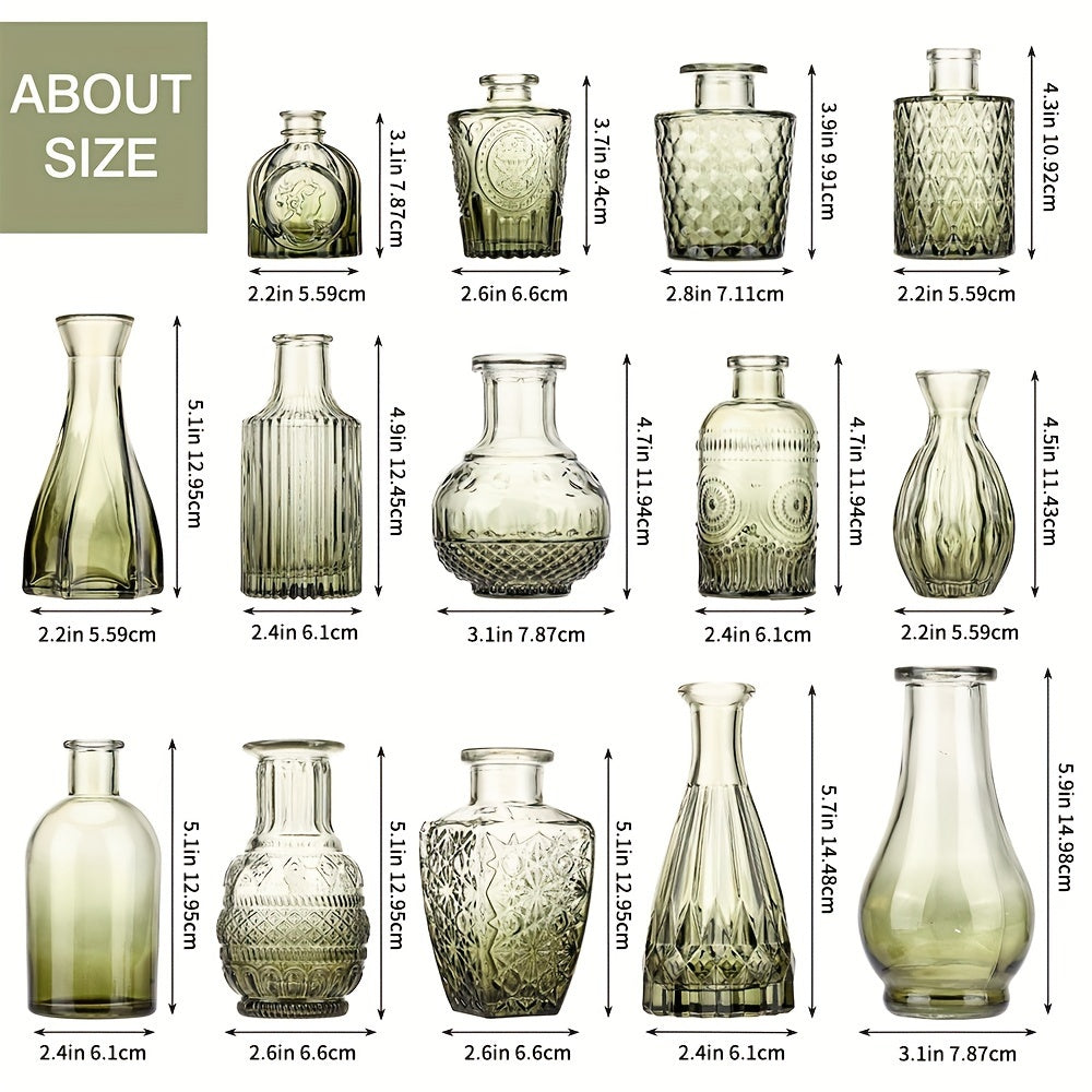 14pcs Of Small Vase Glass Flower Bottle Bulk, Gradient Green Relief Vase for Central Decoration, Mini Retro Glass Vase for Wedding Home Dining Party Decoration, for Halloween And Christmas