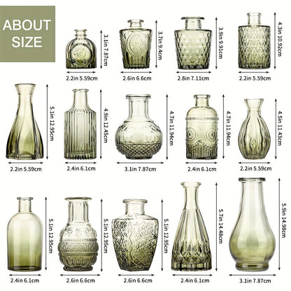 14pcs Of Small Vase Glass Flower Bottle Bulk, Gradient Green Relief Vase for Central Decoration, Mini Retro Glass Vase for Wedding Home Dining Party Decoration, for Halloween And Christmas