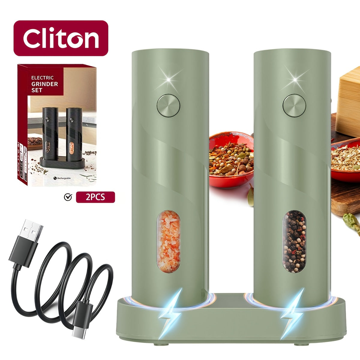 1/2pcs Salt And Pepper Seasoning Bottles Electric Grinder Kitchen Electric Spice Grinder With Grinding Inspection Light Top-Filling Large Capacity Two-Piece Set With Charging Base Electric Spice Grinder Gift Set Preferred Kitchen Accessories