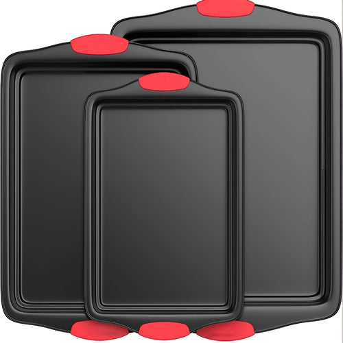 3/9pcs Carbon Steel Non-stick Kitchen Oven Baking Pan, Luxurious And Fashionable Non-stick Inside And Outside, Commercial Grade Restaurant Quality Metal Baking Pan, With Red Silicone Handle