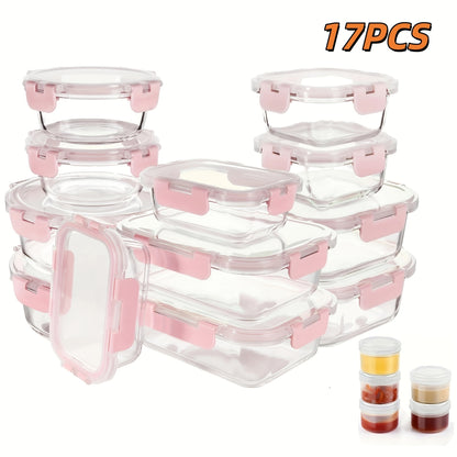 Borosilicate Glass Food Storage Containers Set – 10/12/17pcs Airtight Meal Prep Bento Boxes with Locking Lids, BPA Free, Microwave & Dishwasher Safe, Leak Proof, Mixed Colors