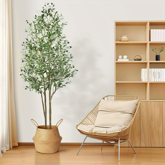 7Ft Tall Artificial Olive Tree - 84In/213Cm Potted Plants Artificial Decorative, 1512 Silk Leaves & 84 Fruits, Realistic Wood Trunk & Faux Moss - for Home Decor Living Room, Indoor & Outdoor Summer for Home Decor, Housewarming Gift, 4/5/6/7Ft