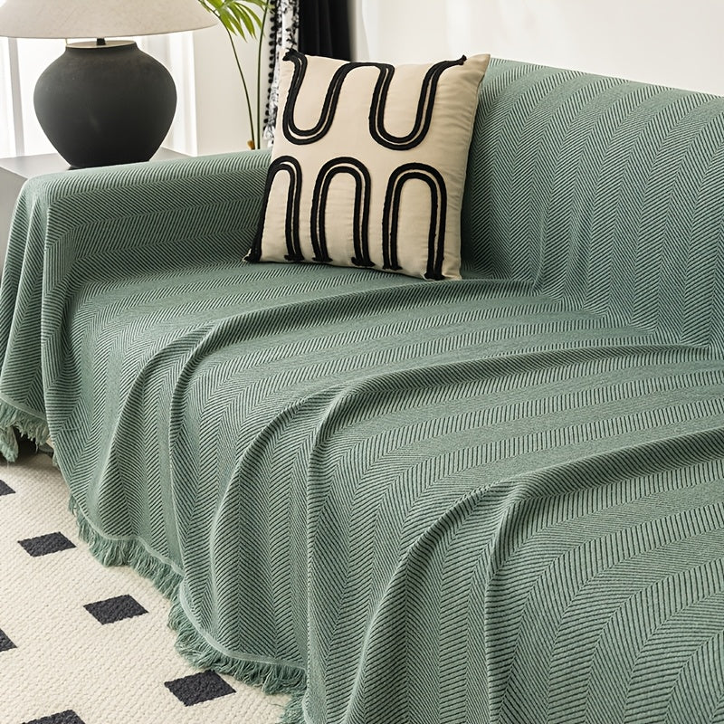1pc of Herringbone Patterned Solid Color Sofa Cover, a Modern And Versatile Throw for Sofas, Designed to Be with Tassels, Made from Washable Polyester Fabric, Suitable for Single, Double, Triple, And Quadruple-Seater Sofas