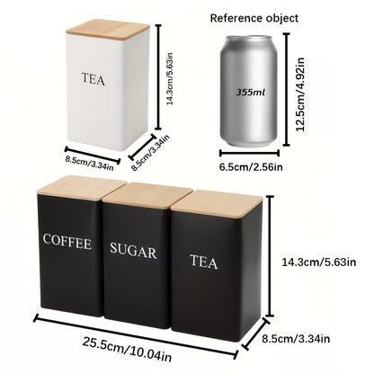 3pcs/Set Canister Tea Coffee Sugar Canisters, Metal Storage Tin for Coffee, Sugar & Tea - Kitchen Storage Jars with Wooden Lid, Coffee Tea Sugar Set - Black or White, Home Organizer Canister, Daily Supplie, Gift