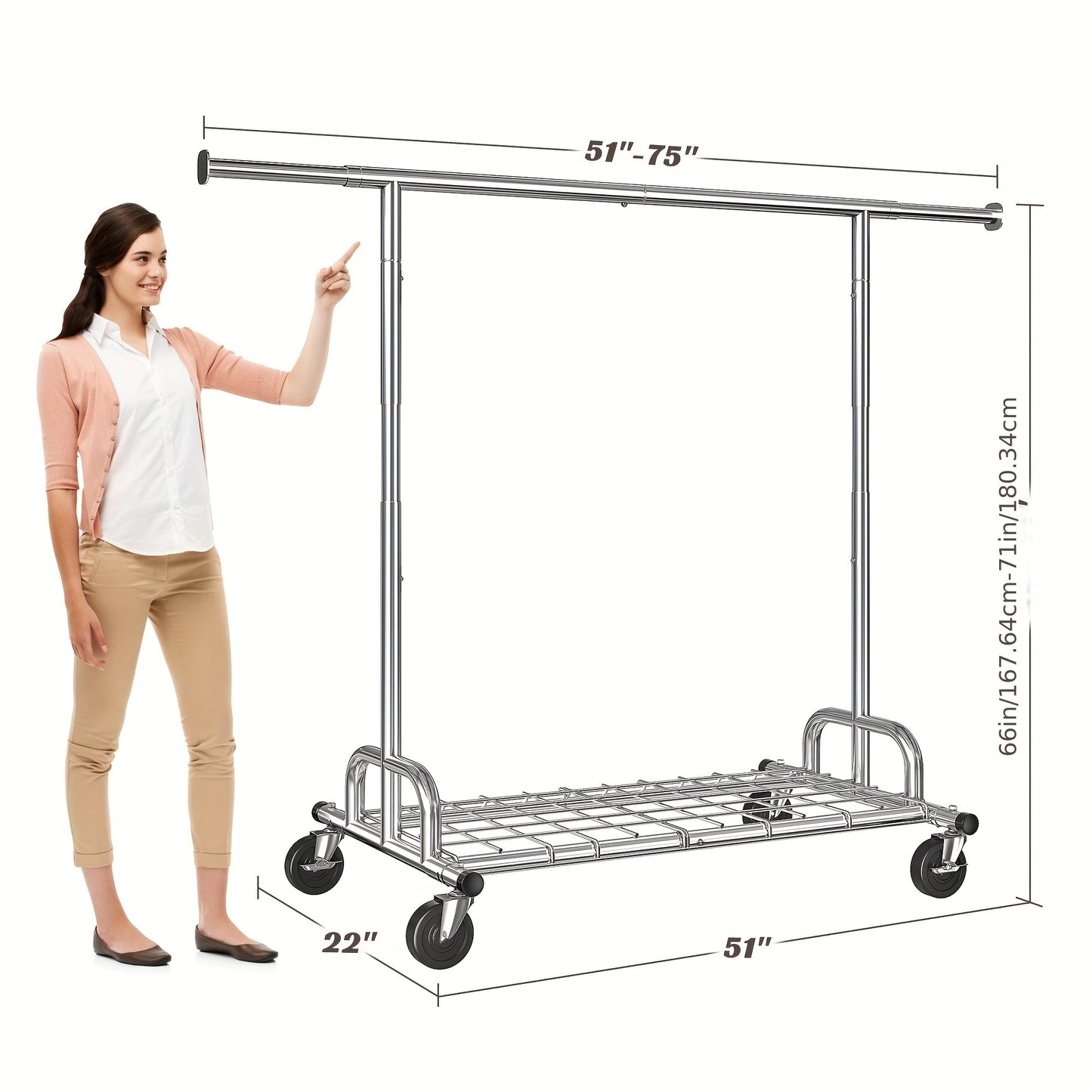 Raybee Clothes Rack Heavy Duty Loads 480LBS, Clothing Racks for Hanging Clothes, Adjustable Rolling Clothes Rack with Wheels, Garment Rack for Bedroom, Closet, Laundry Room, 71" Hx22 D X 75" W, Drying Racks