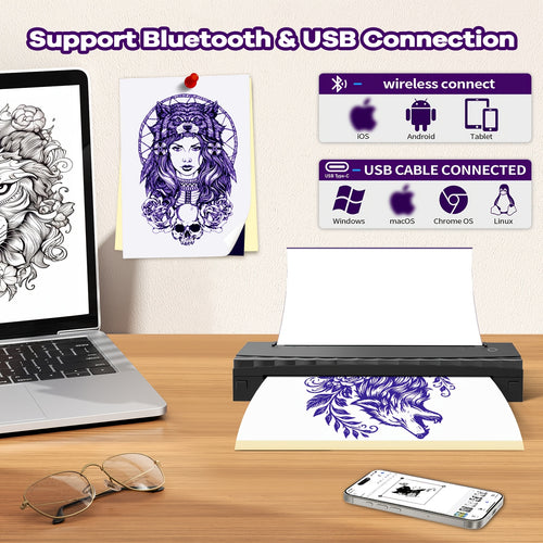 Tattoo Stencil Printer D80 - Wireless Bluetooth Thermal Printer for Tattoo Transfer Paper & A4 Office Printing, Portable Inkless Printer Compatible with iOS Android Laptop Phone Tablet
