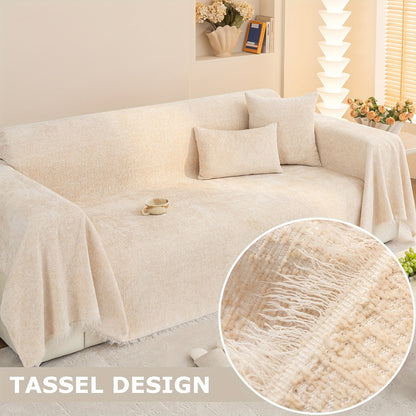 Super Soft Chenille Couch Protector - Durable, Pet-Friendly Solid Slipcover with Fringes for Living Room Decoration