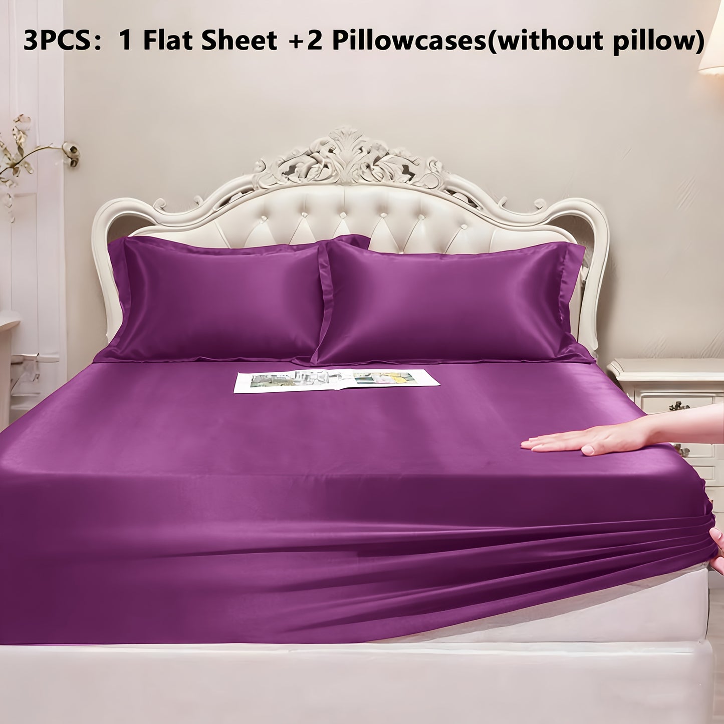 Luxury Satin Fitted Sheet 1*Fitted Sheet+2*Pillowcase, Queen Sheet, Cooling, Smooth, Breathable, Wrinkle-Resistant, Machine Washable, Easy Care Ultra Soft for Hot Sleepers Child, Children, Adults, Hotels, Apartments, Wedding Gifts-3000TC Random Color