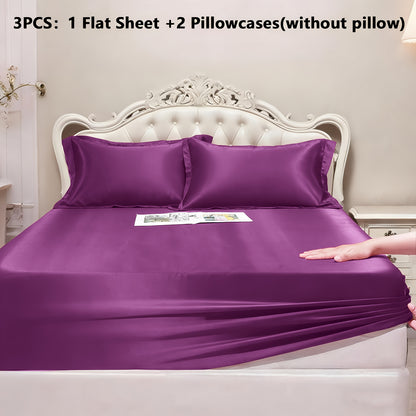 Luxury Satin Fitted Sheet 1*Fitted Sheet+2*Pillowcase, Queen Sheet, Cooling, Smooth, Breathable, Wrinkle-Resistant, Machine Washable, Easy Care Ultra Soft for Hot Sleepers Child, Children, Adults, Hotels, Apartments, Wedding Gifts-3000TC Random Color