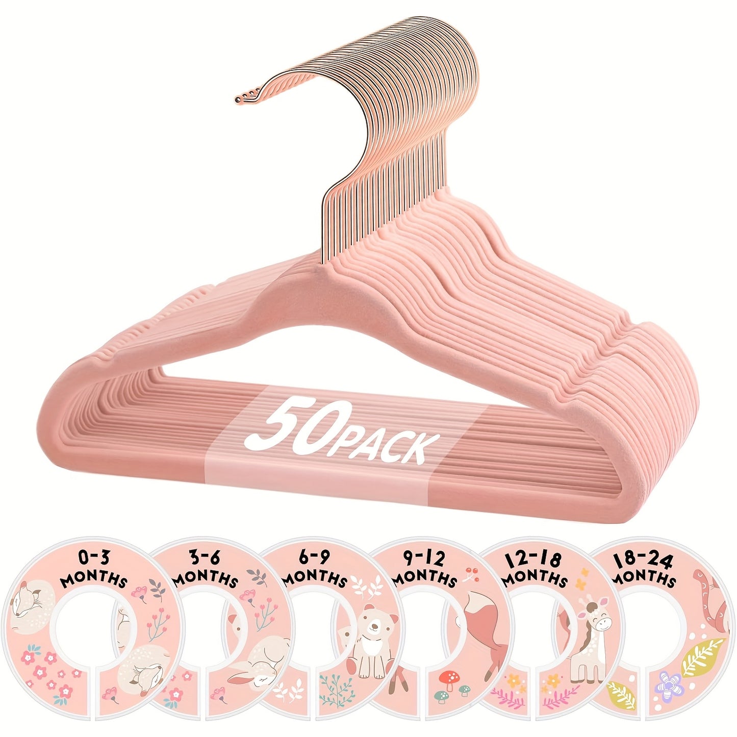Baby Hangers, JEOWOQAO 11 Inch Pink Velvet Kids Hangers With 6pcs Size Dividers Non Slip Nursery Children Closet Clothes Hangers For Infant Toddler Girls And Boys 50/30pcs