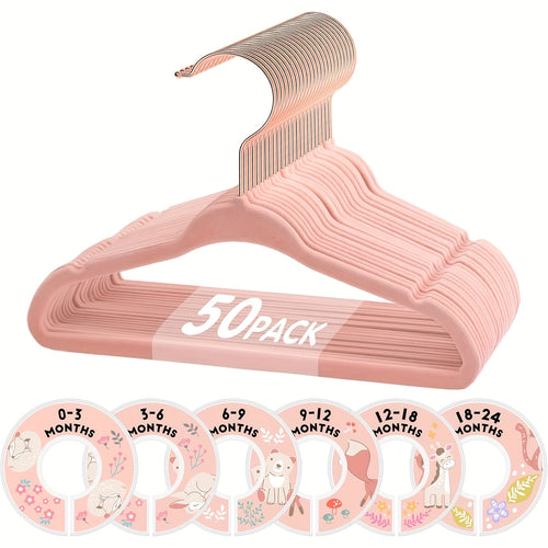 Baby Hangers, JEOWOQAO 11 Inch Pink Velvet Kids Hangers With 6pcs Size Dividers Non Slip Nursery Children Closet Clothes Hangers For Infant Toddler Girls And Boys 50/30pcs