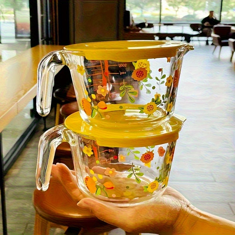 Glass Measuring Cup, Transparent, 16.91oz, Safe for Microwave and Freezer, Oven, with Floral Pattern