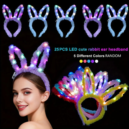 LED Bunny Ear Headbands 25-Pack | Glowing Light Up Rabbit Ears with 3 Flashing Modes for Party Halloween Christmas Weddings Concerts Cosplay Photo Props Unisex Adult