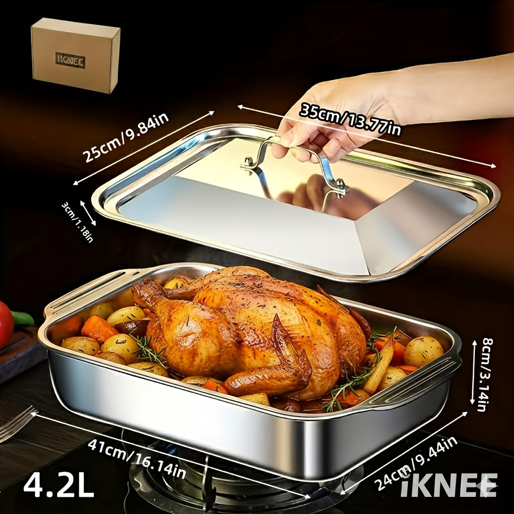 4-piece Set: 2 Deep Pans and 2 Lidded Pans with Handles, Stainless Steel Rectangular Baking Pans with Steel Lids - 6-liter Large Capacity, 16.14-inch Deep Baking Pan, Fish Pan, Roasting Pan, Lasagna Pan, Chicken, Dishwasher Safe, Gift for Men
