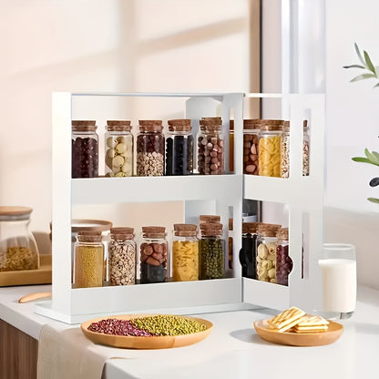 2 Tier Rotating Spice Rack - Large Capacity Kitchen Organizer for Countertops and Cabinets, Multi-Functional Pull-Out Storage Racks