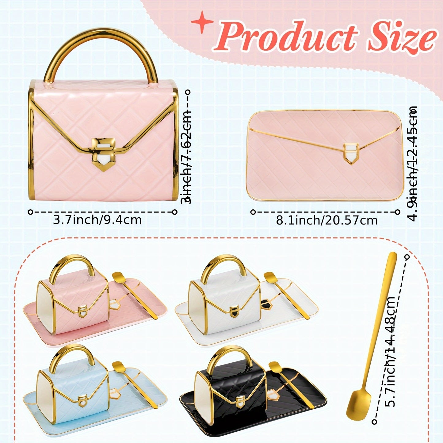 4 Sets Coffee Mug Handbag Shaped Ceramic Tea Cup with Saucer Spoon 10 Oz/ 310 Ml Purse Gift Mug for Office Home Coffee Tea Hot Chocolate Cappuccino (Classic)