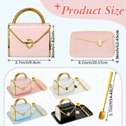 4 Sets Coffee Mug Handbag Shaped Ceramic Tea Cup with Saucer Spoon 10 Oz/ 310 Ml Purse Gift Mug for Office Home Coffee Tea Hot Chocolate Cappuccino (Classic)