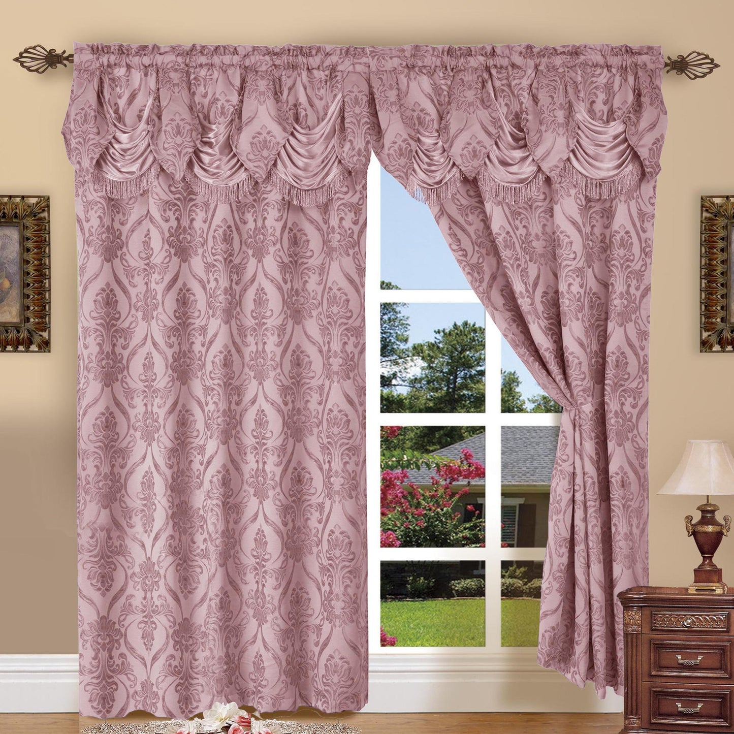 Elegant Comfort Luxury 2pc Fancy Penelope Jacquard Design Room Darkening 54 x 84 inch Rod Pocket Curtain Panel Set With Attached Waterfall Valance Machine Washable for Living Room, Bedroom, Study, Home Office, Curtains for Living Room, Bedroom Elegance, C
