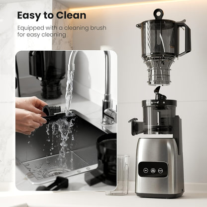 Cold Press Juicer Machine with Large Feed Chute - Slow Masticating Juicer for Whole Fruits & Vegetables, High Juice Yield, Easy to Assemble & Clean, LED Display Option, Silver, for Home & Kitchen