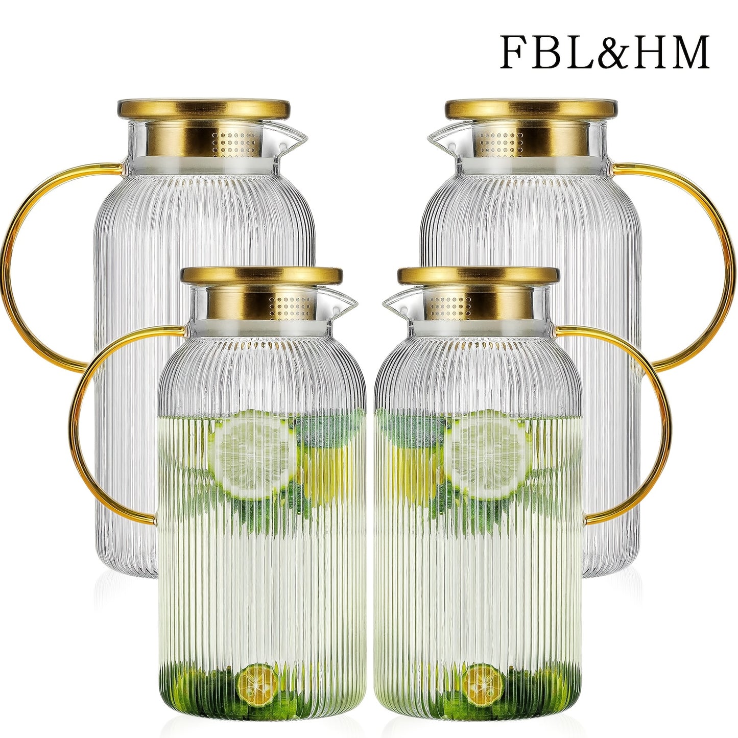FBL&HM 2/4 PACK Glass Pitcher With 304 Stainless Steel Lid, 68 Oz/ 2 Liter Classic Vertical Stripes Water Pitcher, Glass Water Carafe For Cold Brew, Coffee, Lemonade, Iced Sun Tea, Beverage, Milk, Heat Resistant
