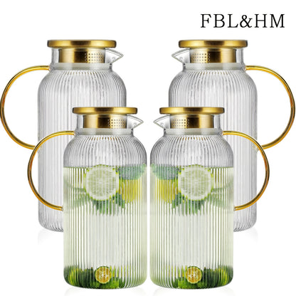 FBL&HM 2/4 PACK Glass Pitcher With 304 Stainless Steel Lid, 68 Oz/ 2 Liter Classic Vertical Stripes Water Pitcher, Glass Water Carafe For Cold Brew, Coffee, Lemonade, Iced Sun Tea, Beverage, Milk, Heat Resistant