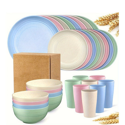 32pcs (for 8 people) Wheat Straw Dinnerware Set - Unbreakable Plastic Plates, Bowls & Cups, Lightweight PP Dinnerware for //Picnic/Camping, Modern Round Tableware for Home & Parties, Durable Easy-Clean Plates and Bowls