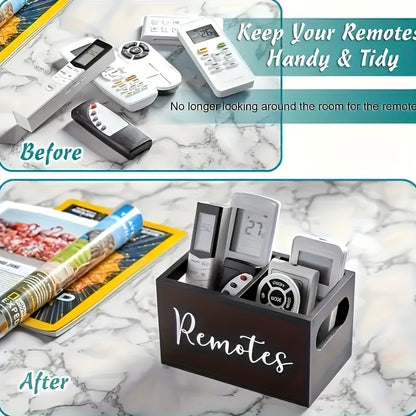 High-Quality Recycled Wood "Remote Control" Label Storage Box - Multi-Compartment Organizer, Suitable for Remotes and Office Supplies, Minimalist Black Desktop and Living Room Storage Box, Shelf Baskets