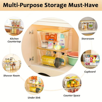 2-Pack Clear Stackable Kitchen Pantry Organizers with Bamboo Top - Durable PET Storage Bins for Onions, Potatoes, Fruits, Vegetables | Space-Saving Design, Ventilation & Easy Access, Pantry Organizers And Storage, Produce Organizer, Transparent Organizer,
