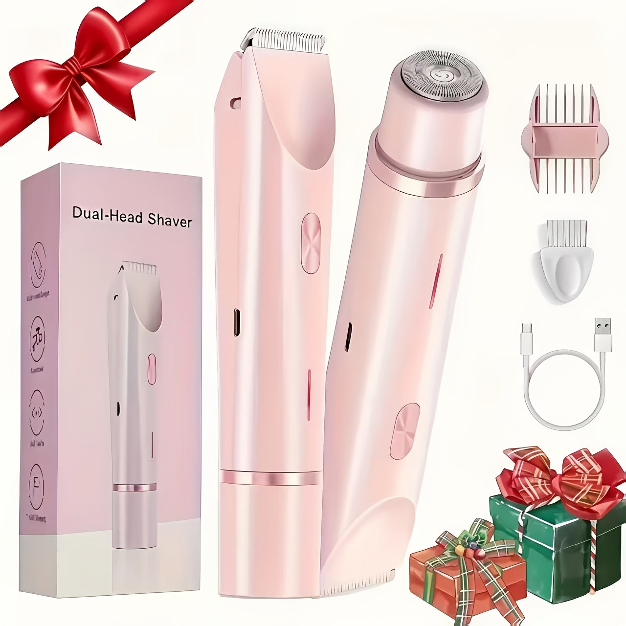 Bikini Trimmer for Women 2-in-1 Dual Head Electric Shaver - IP67 Waterproof Wet Dry Body Hair Remover for Bikini Area Underarms Legs Arms Face, USB Rechargeable Long Battery Life, Ergonomic Grip