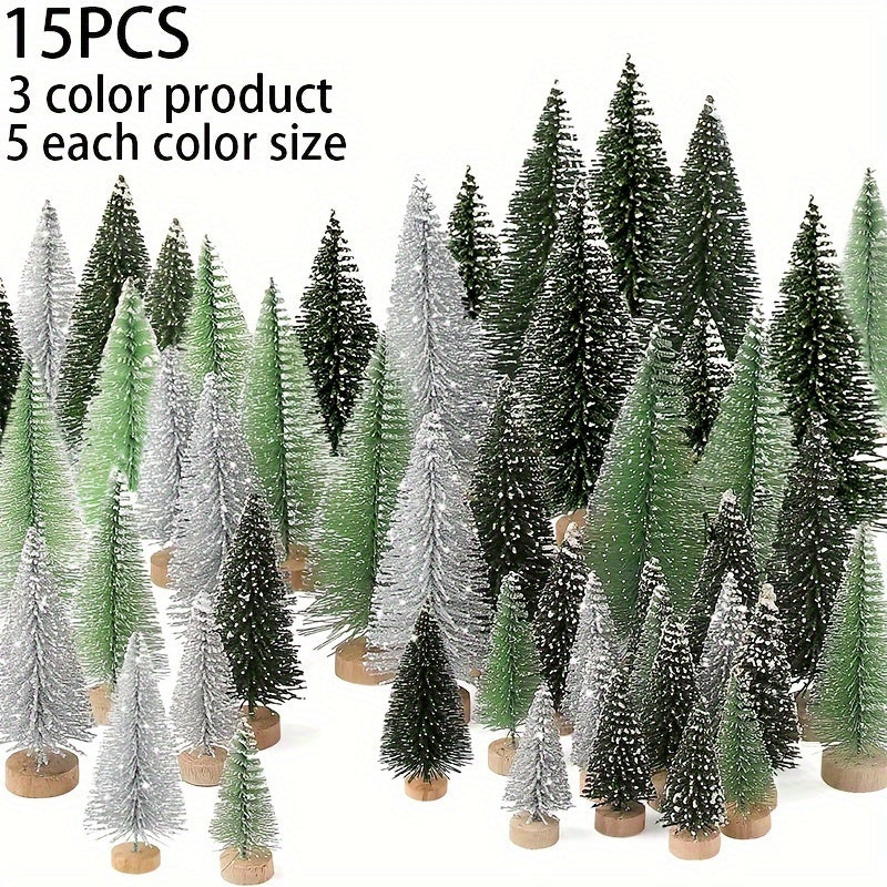 15pcs Mini Artificial Christmas Tree with Wooden Base - Bottle Brush Tabletop Decorations for the Holidays (Christmas, Halloween, Thanksgiving) - No Power Required, Non-Lit, Bendable, Snowflake Sprinkles Holiday Centerpieces