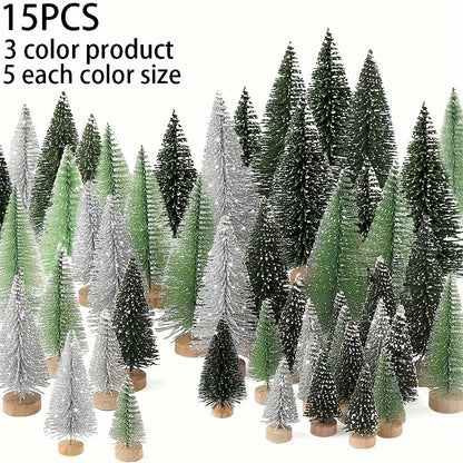15pcs Mini Artificial Christmas Tree with Wooden Base - Bottle Brush Tabletop Decorations for the Holidays (Christmas, Halloween, Thanksgiving) - No Power Required, Non-Lit, Bendable, Snowflake Sprinkles Holiday Centerpieces