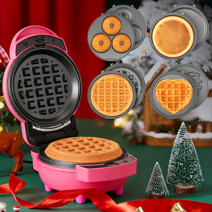 Mini Waffle Maker 4-in-1 with Removable Plates – Waffle, Pancake, Donut & Heart Shape, Non-Stick, Easy Clean, Recipe Included, Compact Breakfast Maker for Home