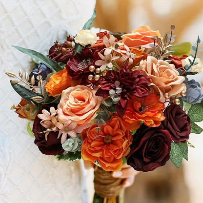 AUSOGO Artificial Orange Wine Red Blue Autumn Wedding Flower Combination, Foam Cake Flower Bride Bouquet Flower Arrangement for Tabletop, Fall Harvest Winter Halloween Valentine's Day Decoration