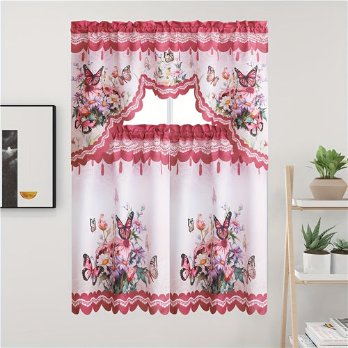 3pcs/set Of Kitchen Curtains for Windows, Polyester Fabric, Printing Process, Beautiful Butterfly Flowers And Butterfly Patterns, Suitable for Kitchen And Restaurant Window Shading, Bathroom, Living Room, Bedroom, Wedding And Party Decoration.